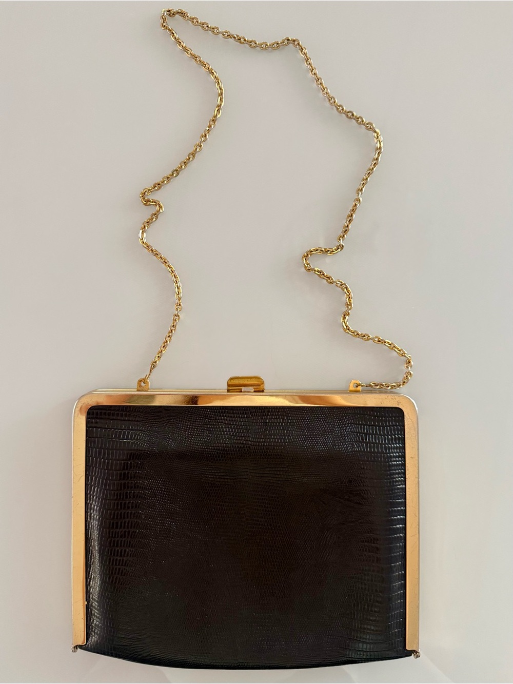 ETRA Vintage Black Lizard Leather Purse Clutch Convertible Handbag Gold Chain